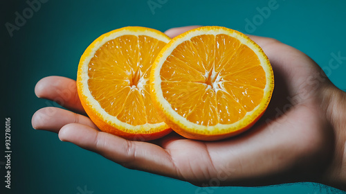 Hand of man holding slices of orange fruit