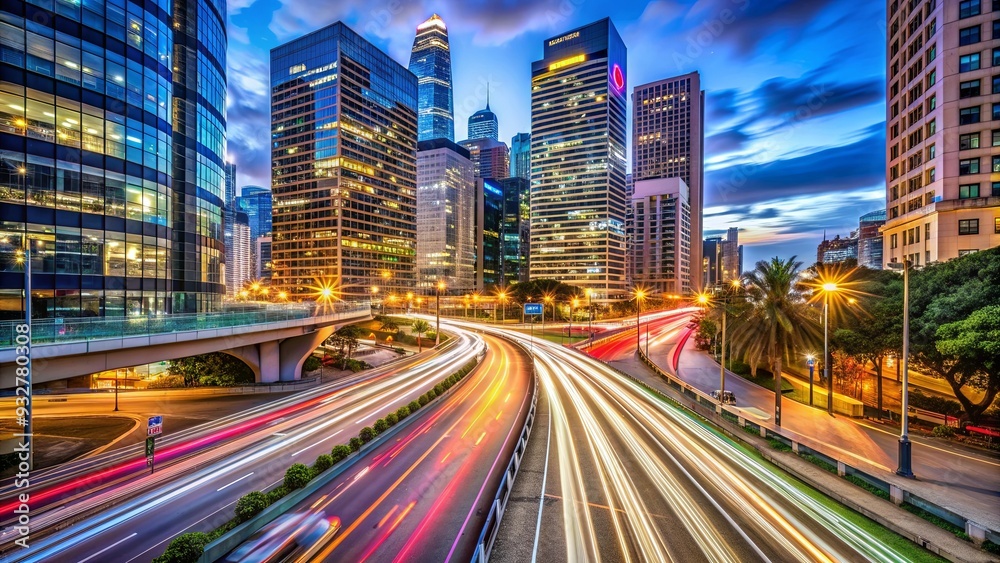 Fototapeta premium Vibrant night traffic scene in the city with light trails and illuminated buildings