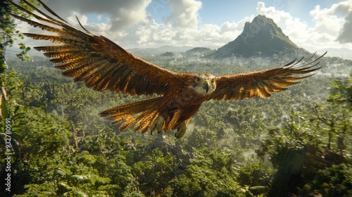 Majestic eagle soaring over lush jungle landscape photo