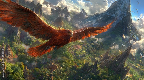 Majestic eagle soaring over lush mountain landscape photo