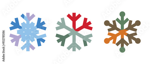 Set of creative snowflakes in geometric style. Snow.