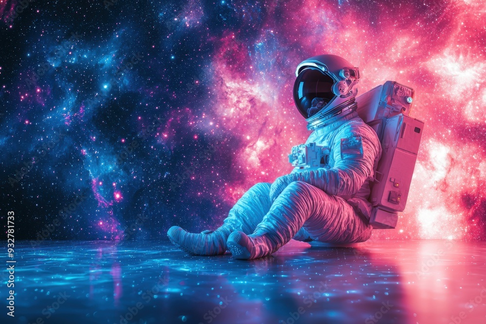 Obraz premium Cosmic Contemplation: An astronaut finds solace amidst a vibrant nebula, showcasing the awe-inspiring beauty and vastness of space exploration. 