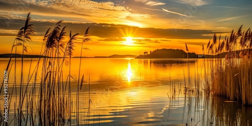 Fototapeta Naklejka Na Ścianę i Meble -  Golden sunset behind distant island reeds over water with tall grass silhouette in front of a lake