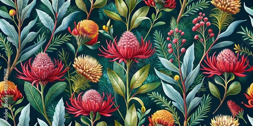 Wallpaper Mural Seamless pattern of native Australian flowers including eucalyptus, waratah, and kangaroo paw Torontodigital.ca