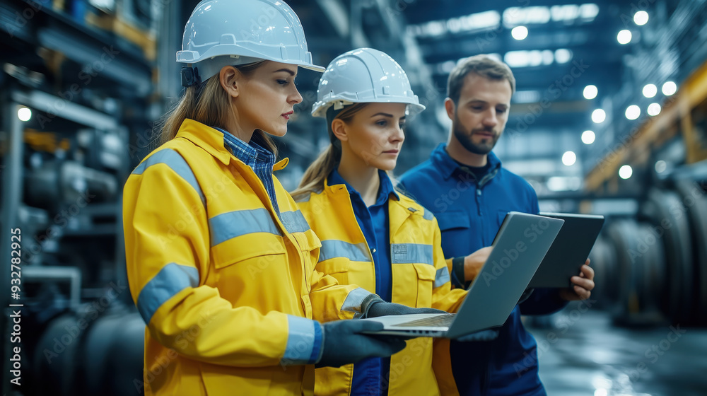 Team of engineers reviewing operational data on laptop. Team of engineers, wearing hard hats and high-visibility jackets, reviewing operational data on laptops in a modern factory setting. Team of engineers reviewing operational data on laptop. Team of engineers, wearing hard hats and high-visibility jackets, reviewing operational data on laptops in a modern factory setting.