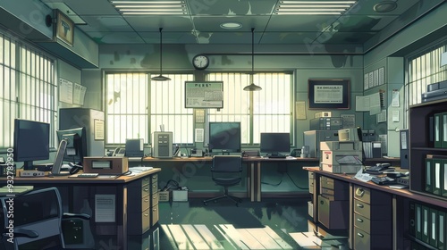 The police office features multiple desks, computers, and large windows, all reflecting a quiet midday atmosphere