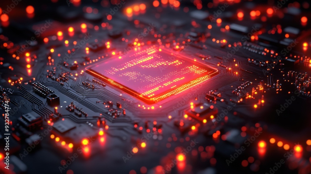 Close-up of a glowing microchip on a circuit board. Close-up of a glowing microchip on a circuit board.