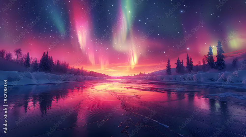 Aurora Borealis Over Frozen Lake - Illustration Aurora Borealis Over Frozen Lake - Illustration