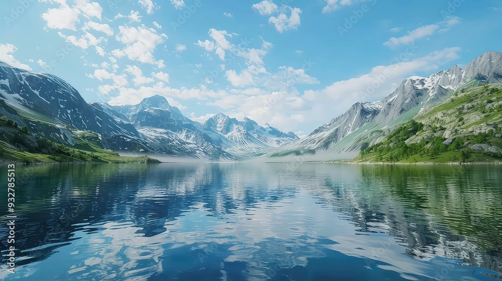 A calm lake surrounded by snow-capped mountains with a cloudy blue sky. A calm lake surrounded by snow-capped mountains with a cloudy blue sky.
