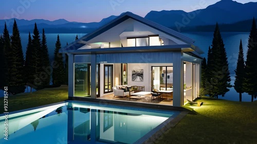 Modern lakeside home with pool illuminated at night photo