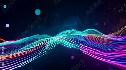 Colorful wave patterns flowing in a digital space with glowing particles at night photo