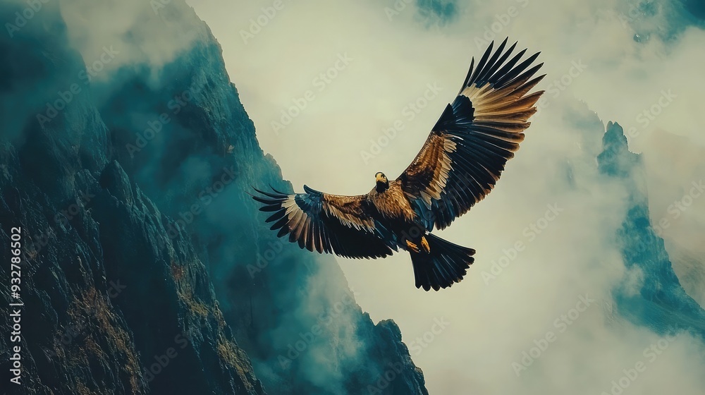 Obraz premium Majestic eagle soaring through misty mountain peaks