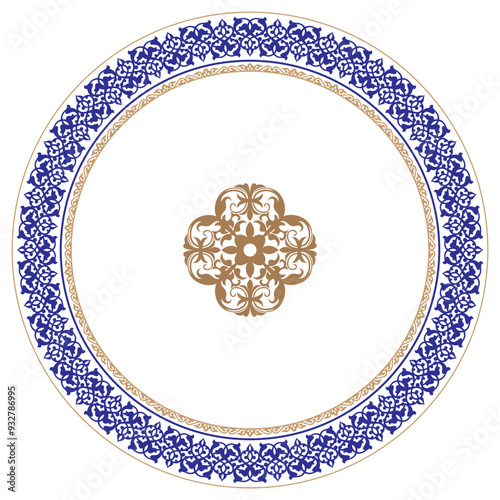 Geometric Moroccan Seamless Pattern round frame arabesque blue gold. Moroccan pattern. Blue gold plate with a large floral element in the center. Pattern frame for round ceramics, textiles, patchworks