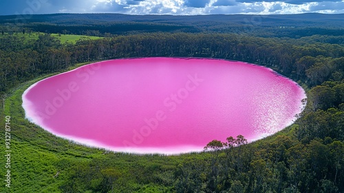 Lake Hillier, a striking pink lake with a white shoreline surrounding it photo