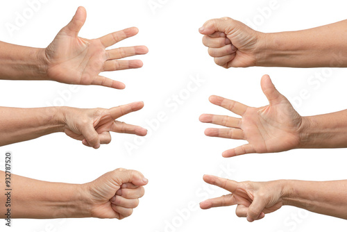 Hand symbol of playing Rock, Paper, Scissors on a white background.