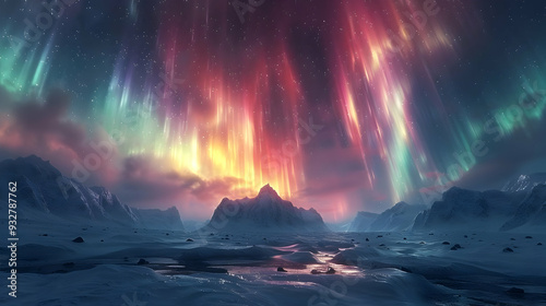 Wallpaper Mural Snowy Mountain Landscape with Vivid Aurora Borealis Illustration Torontodigital.ca