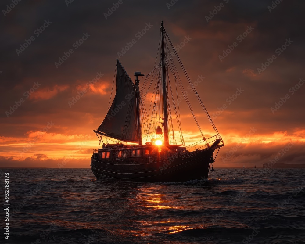 Fototapeta premium Under a dramatic sunset, a sailing ship crosses the open ocean, with the water's surface mirroring the dark clouds and fiery skies above.