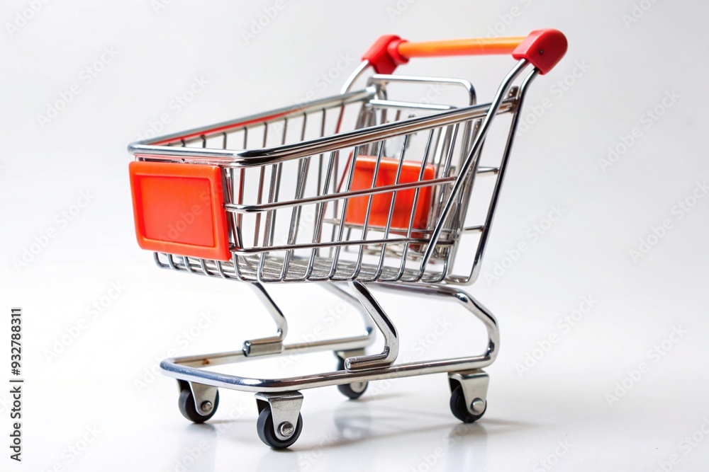 A shopping cart with red handles and a silver frame A shopping cart with red handles and a silver frame