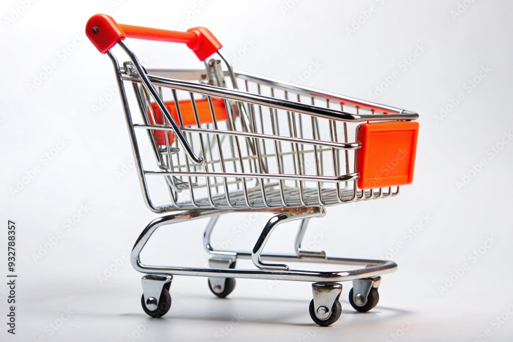 A shopping cart with red handles and a silver frame A shopping cart with red handles and a silver frame