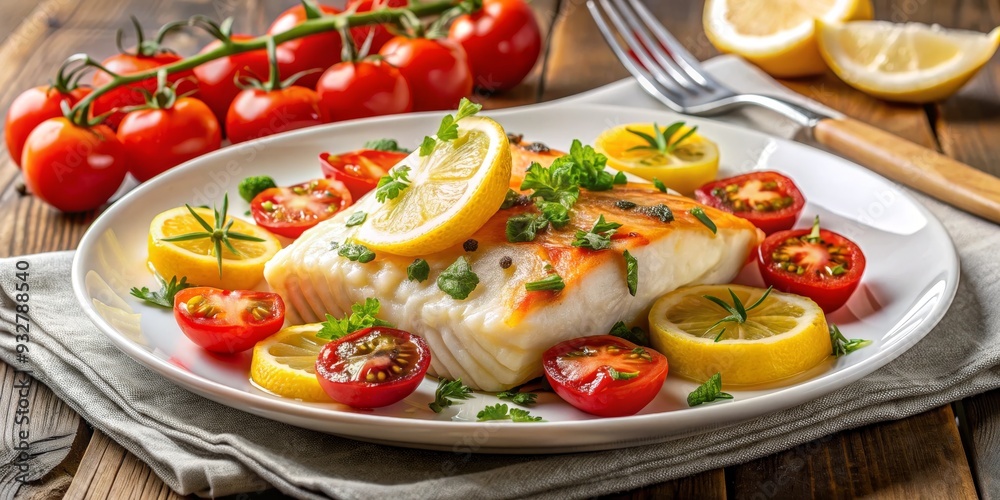Baked Cod with Lemon and Tomatoes, Close-up, Food Photography, Seafood, Dinner, Recipe Baked Cod with Lemon and Tomatoes, Close-up, Food Photography, Seafood, Dinner, Recipe