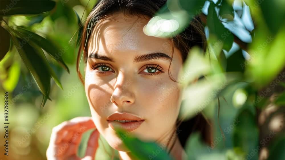 Close up of beautiful woman's face with green leaves, woman and nature Close up of beautiful woman's face with green leaves, woman and nature