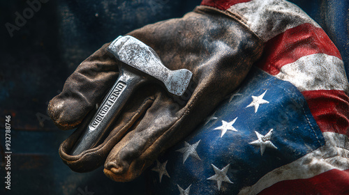 Patriotic worn work glove holding an old wrench and US American flag, hardworking spirit and vintage Americana, Generative AI 