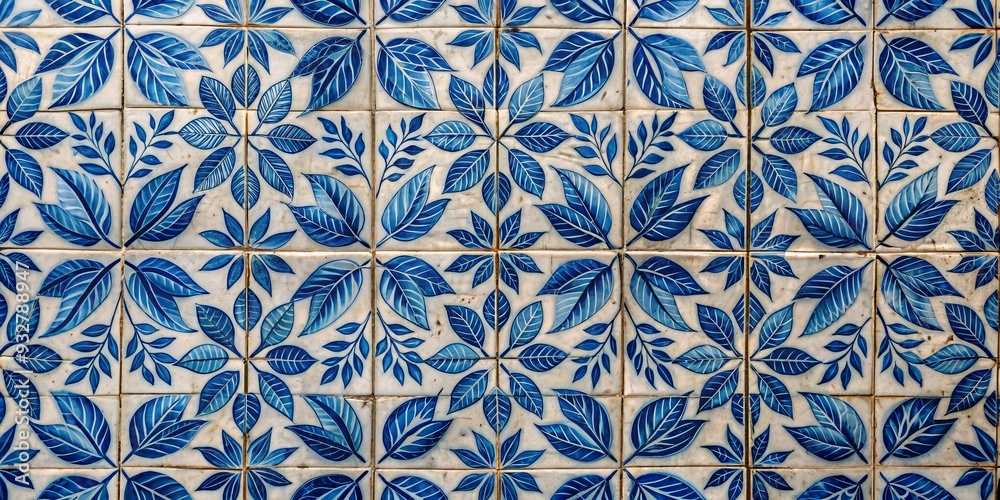 Blue and White Tile Mosaic with Leaf Pattern, tile art, portuguese tiles, blue and white, floral pattern Blue and White Tile Mosaic with Leaf Pattern, tile art, portuguese tiles, blue and white, floral pattern