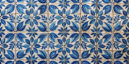 Blue and White Tile Mosaic with Leaf Pattern, tile art, portuguese tiles, blue and white, floral pattern