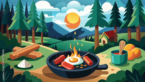 Campfire Breakfast: Sausages and Eggs in Cast Iron Skillet. Perfect for: National Camping Month, Outdoor Picnics, Camping Trips