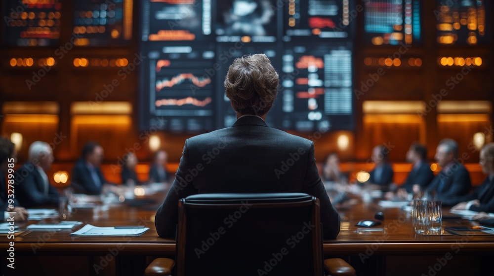 Corporate Executive Leading a Business Meeting in a High-Tech Conference Room, Analyzing Financial Data on Multiple Digital Screens, Focused on Strategic Decision-Making and Economic Growth