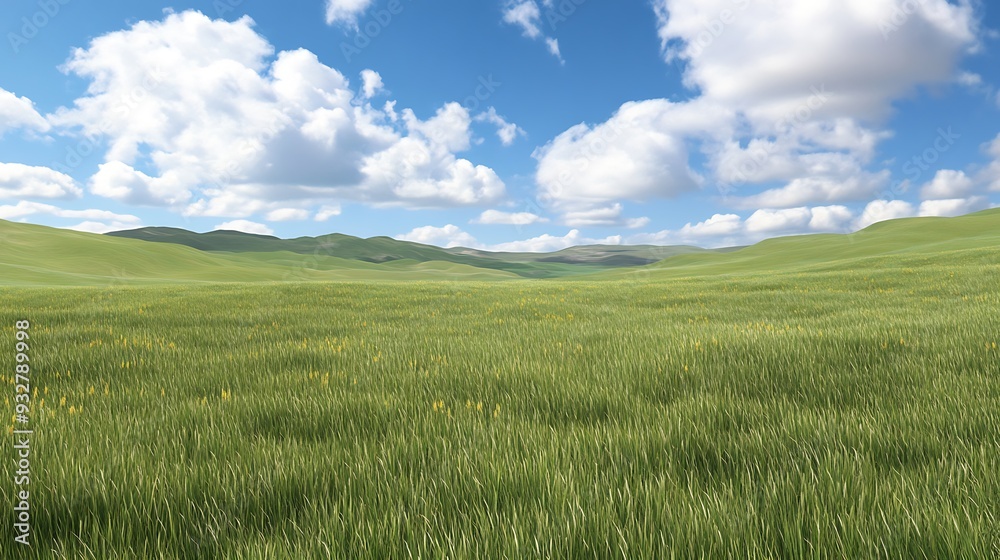 Rolling Green Hills and Lush Grass Field Under a Blue Sky with Clouds. Rolling Green Hills and Lush Grass Field Under a Blue Sky with Clouds.