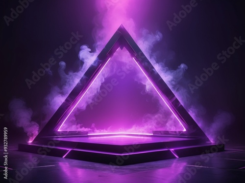 Triangle stage with smoke and and purple neon light