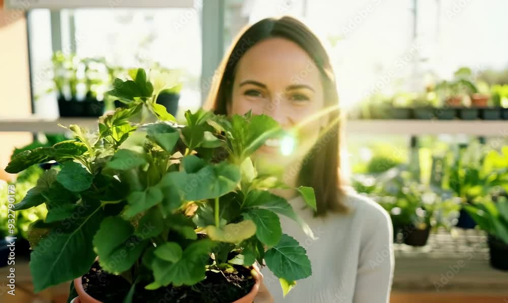 Cheerful Woman with Potted Plant in Garden Center Cheerful Woman with Potted Plant in Garden Center