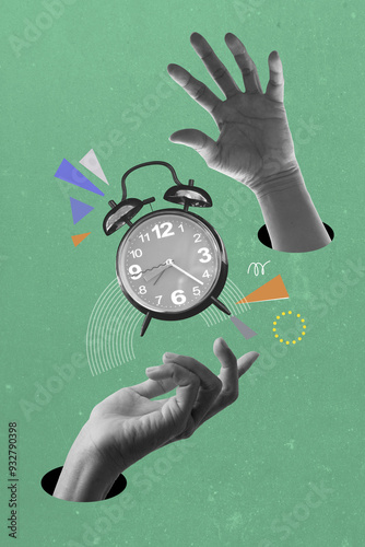 Hand with a clock on green background. Art collage digital pop modern art.