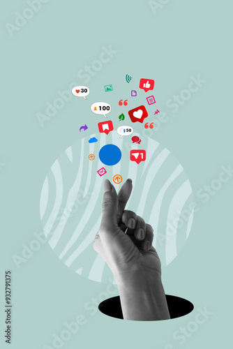 Social media creative concept. Hand hold, poster with like symbols from social networks. Art collage digital pop modern art. photo