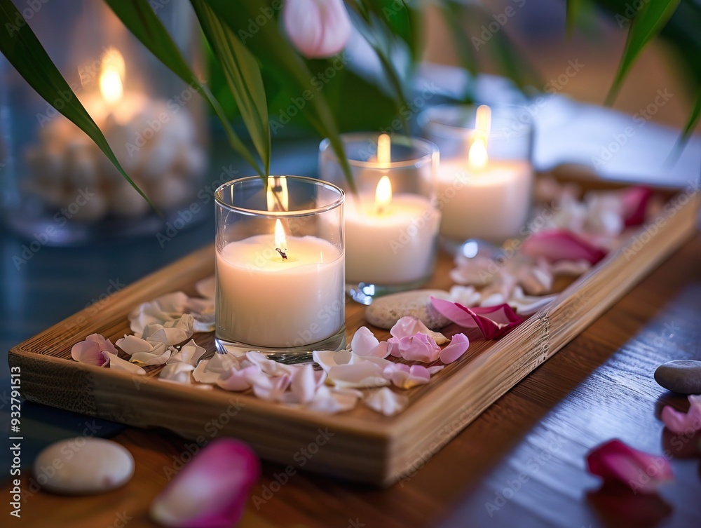Lit candles and rose petals arranged on wooden tray Spa and relaxation setting Zen-inspired decor Natural elements Wellness ambiance creation Lit candles and rose petals arranged on wooden tray Spa and relaxation setting Zen-inspired decor Natural elements Wellness ambiance creation