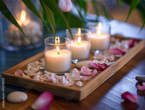 Lit candles and rose petals arranged on wooden tray Spa and relaxation setting Zen-inspired decor Natural elements Wellness ambiance creation