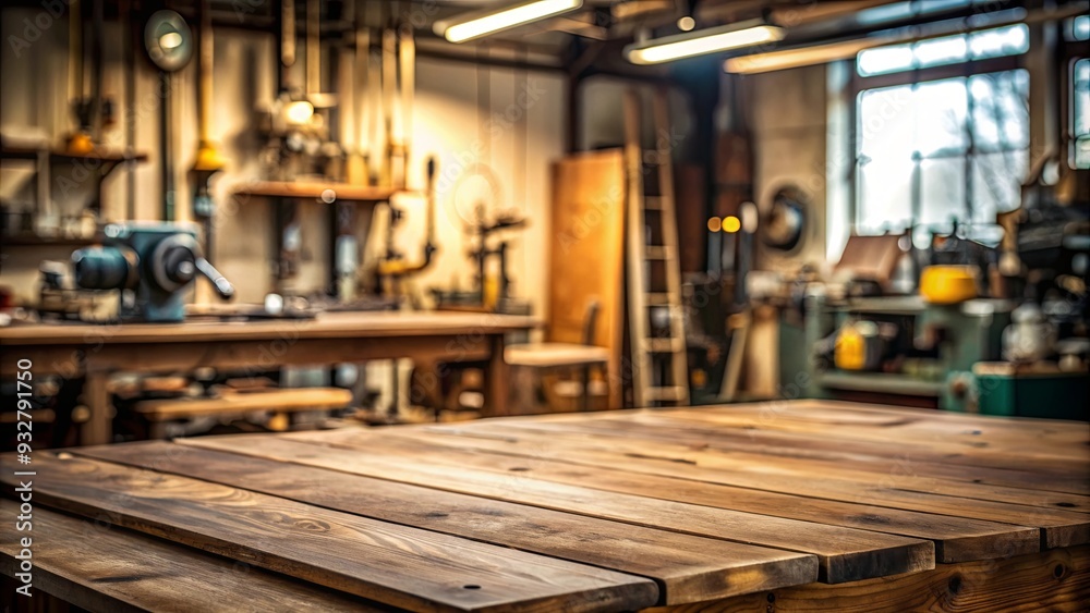 Empty wooden table in a workshop with blurred background Empty wooden table in a workshop with blurred background