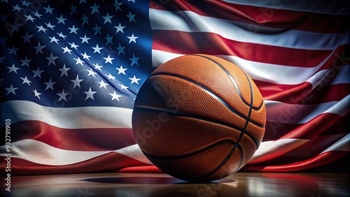 Close-up of an American flag and basketball in motion against a dark blue and red background, with space for text