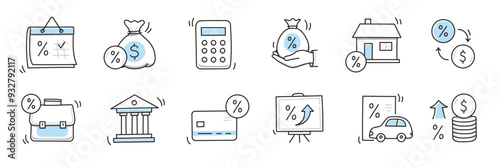Loan interest rate doodle icon set. Hand drawn sketch doodle line style bank money loan interest rate icon for house, car discount percentage concept. Trendy cute element. Vector illustration