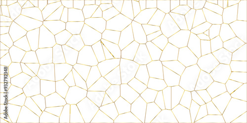 Golden gradient lines stroke abstract white crystalized broken glass background. Voronoi diagram background. abstract desktop texture design digital art wallpaper, vector illustration.	