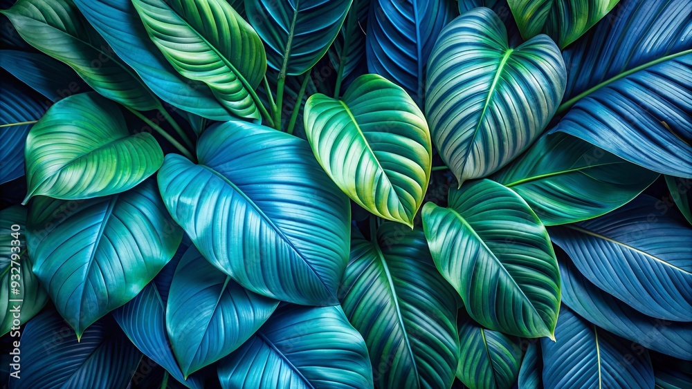 Vibrant tropical leaves in shades of blue and green creating a striking contrast Vibrant tropical leaves in shades of blue and green creating a striking contrast