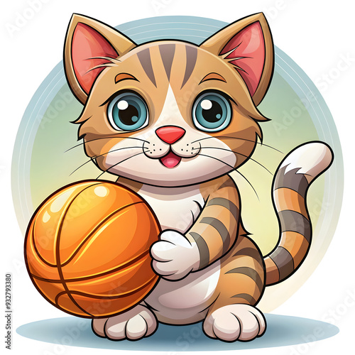 A playful design featuring an adorable kitten holding a basketball, perfect for cat lovers and sports enthusiasts alike. photo