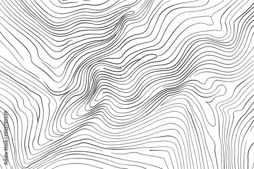 Topographic line patterns, a topography map background with contour lines in a vector illustration. Topographical line art texture. High contrast black and white background. Flat design.