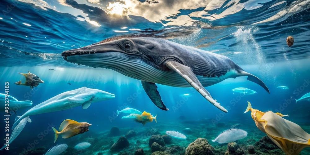 Obraz premium Humpback Whale Underwater with Sun Rays, Digital Art, Ocean Life, Whale, Fish, , ocean