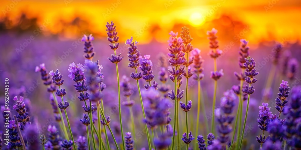 Naklejka premium Lavender Field Sunset Glow, close-up, purple flowers, golden light, lavender, sunset, field