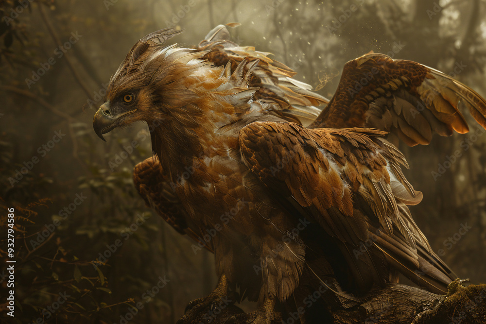 Fototapeta premium Brown mythical griffin bird in forest
