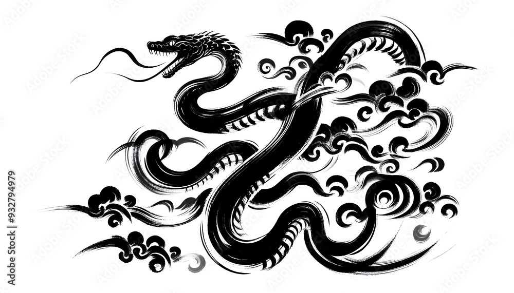 a snake painted in chinese style black brush strokes