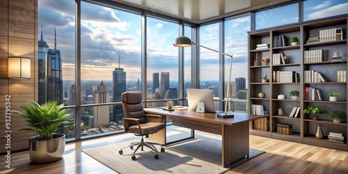 Modern Executive Office with City View, Desk, Chair, Bookshelf, office decor, modern office, city scape