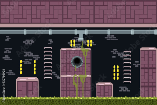 2d platform game side view adventure with style rounded block in sewer underground waste level three